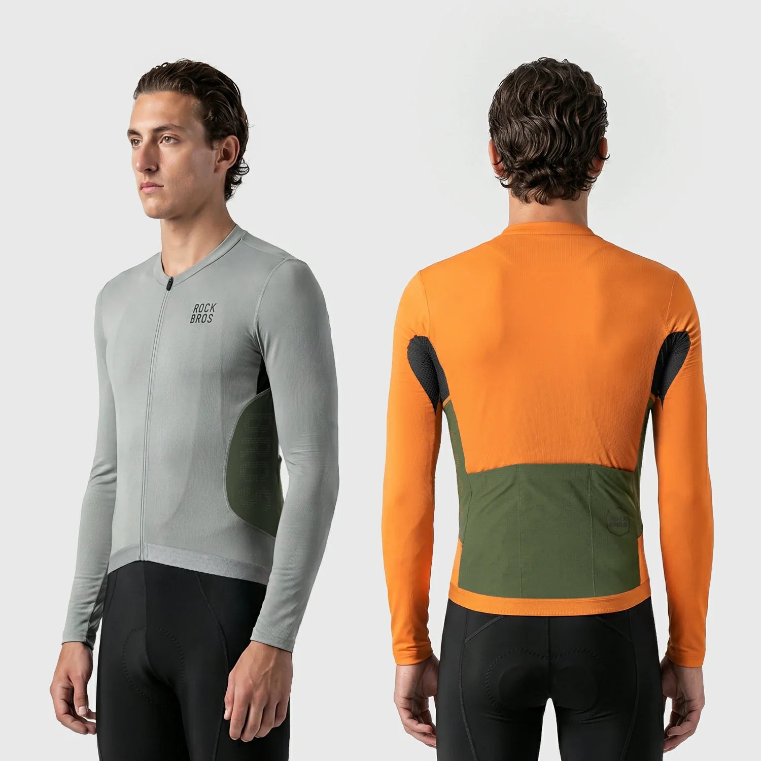 A man modeling a long-sleeve cycling jersey shown from both front and back against a light gray studio background. The front view shows a light gray jersey with a small black 'ROCKBROS' logo on the chest and a dark green side panel. #Color_Gray