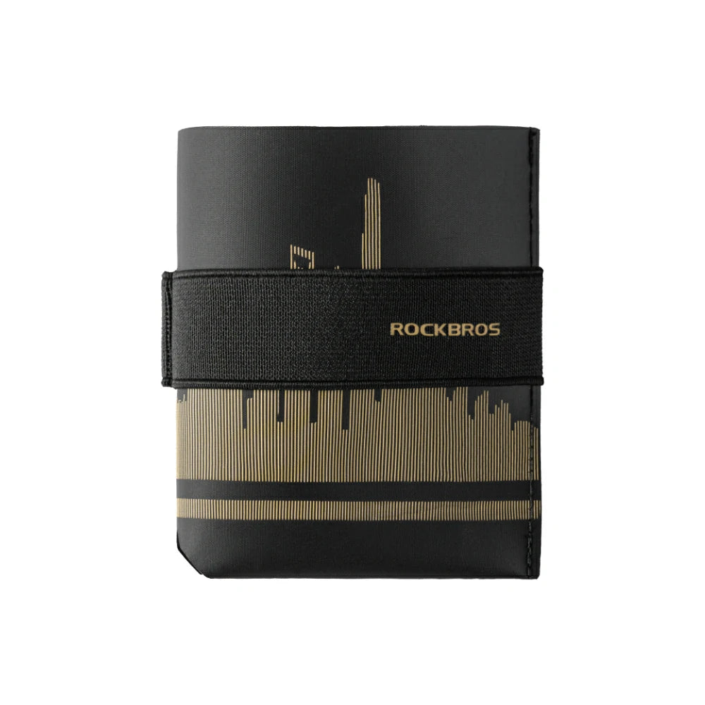 A black bifold wallet with a gold city skyline design and a black elastic band featuring the gold ROCKBROS logo, shown on a plain white background. #Color_Gold