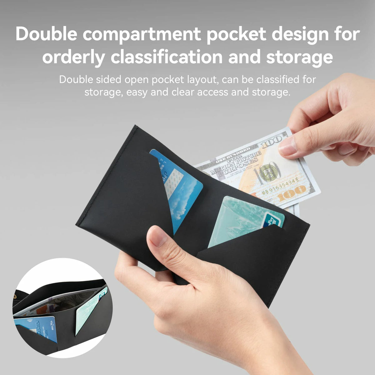 A black slim bifold wallet with card slots and a cash compartment, shown being held by two hands against a light gray background. White text at the top explains the double compartment pocket design, and a circular inset at the bottom left shows a close-up of the interior layout.
