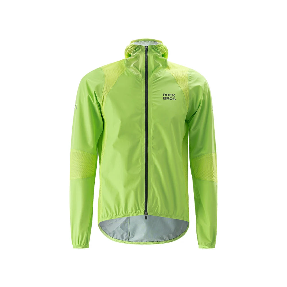 A lime green and yellow athletic windbreaker jacket with a full front zipper, high collar, and hood, featuring the 'ROCKBROS' brand logo on the left chest, displayed on a clean white background.
