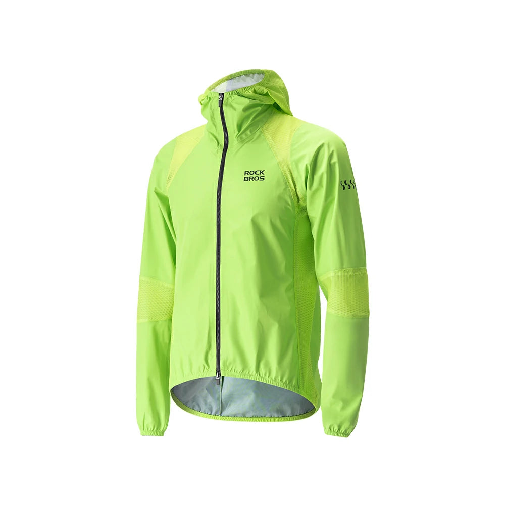 A bright lime green hooded jacket by RockBros, featuring a black front zipper, black brand logos on the chest and sleeve, and subtle mesh panels on the shoulders and sleeves, shown against a plain white background.
