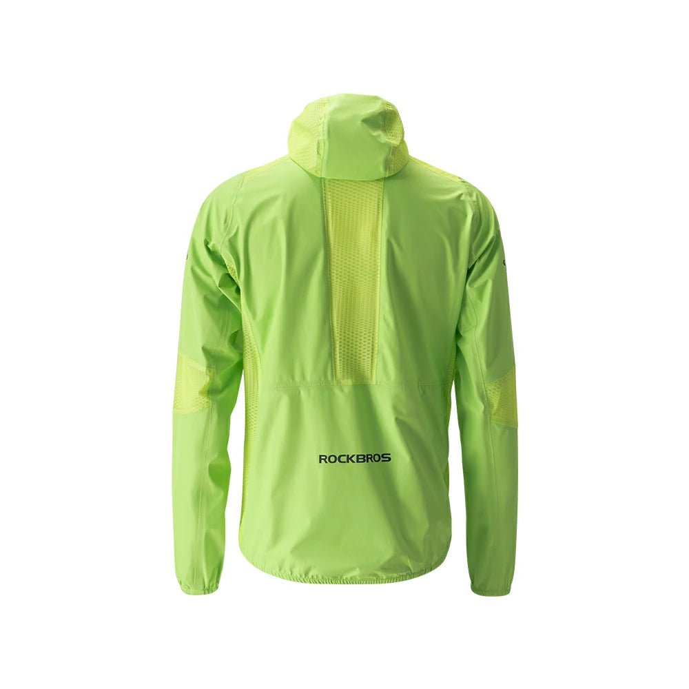 A bright lime green hooded windbreaker jacket shown from the back, featuring a vertical mesh panel and the ROCKBROS logo near the lower back, set against a plain white background.