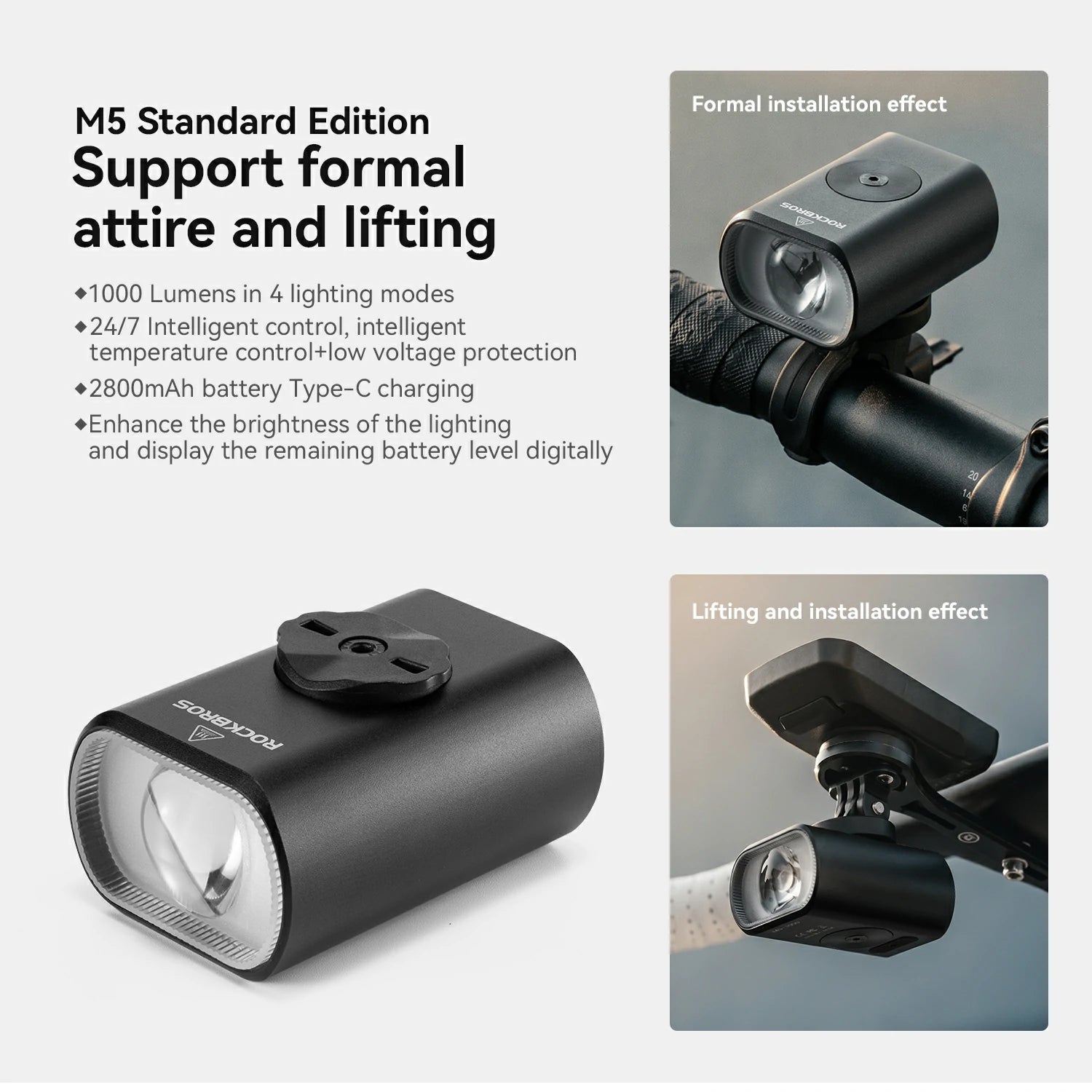 A promotional graphic for a black bicycle headlight labeled 'M5 Standard Edition' with text callouts and two inset photos showing the headlight mounted on a bike. The main product is shown prominently on a light gray background, with additional views demonstrating formal installation and lifting/attachment effects. #Color_Standard Version