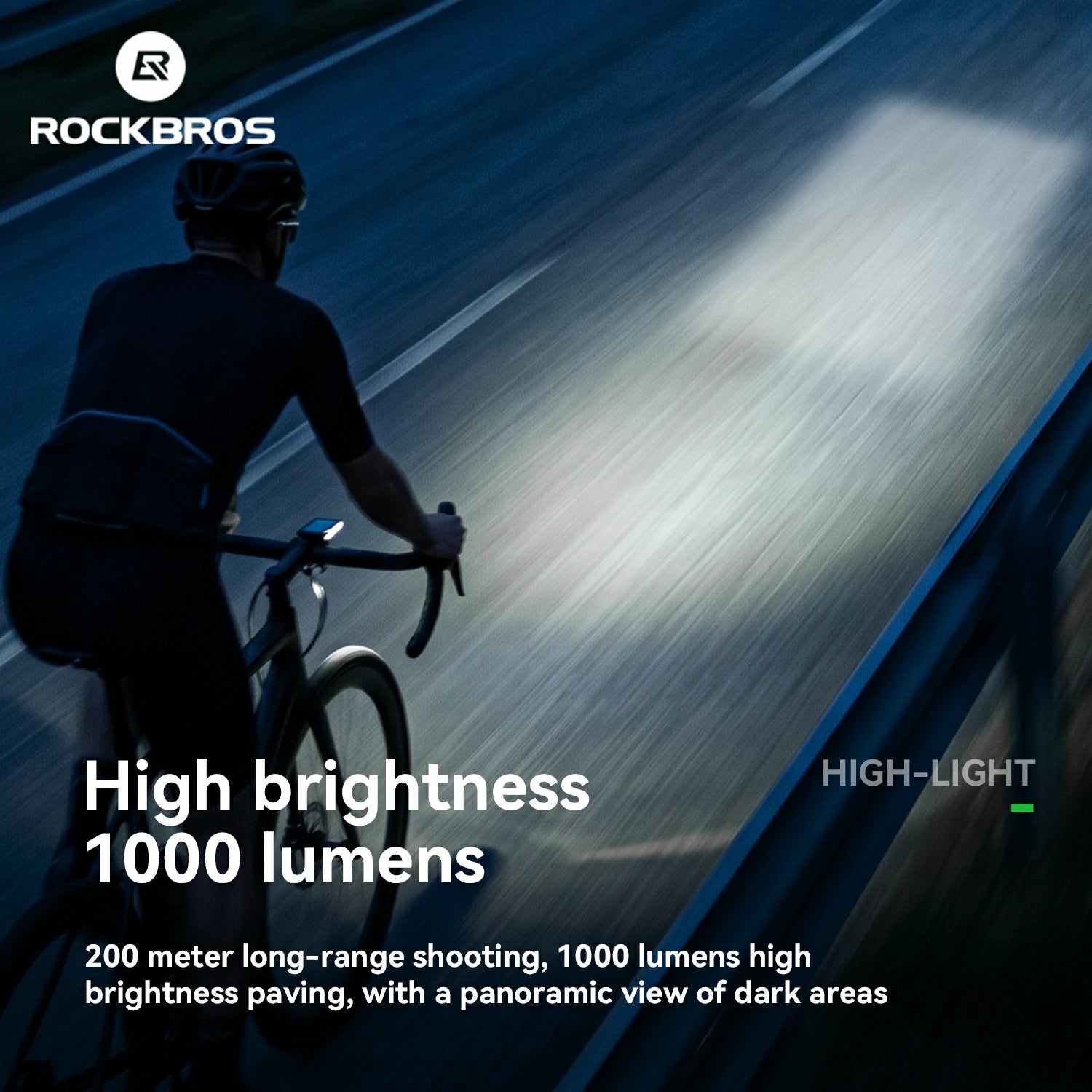 A cyclist riding on a dark road at night with the Rockbros bike light turned on, casting a bright beam of light. The image features the Rockbros logo, 'High brightness 1000 lumens' text, and a dark blue background with motion blur.
