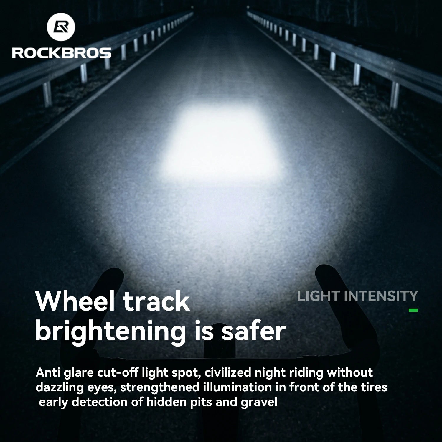 Rockbros promotional graphic showing a bright rectangular light beam cutting through a dark road at night, with the text 'Wheel track brightening is safer' and descriptive copy about anti glare cut-off light spot and tire illumination.