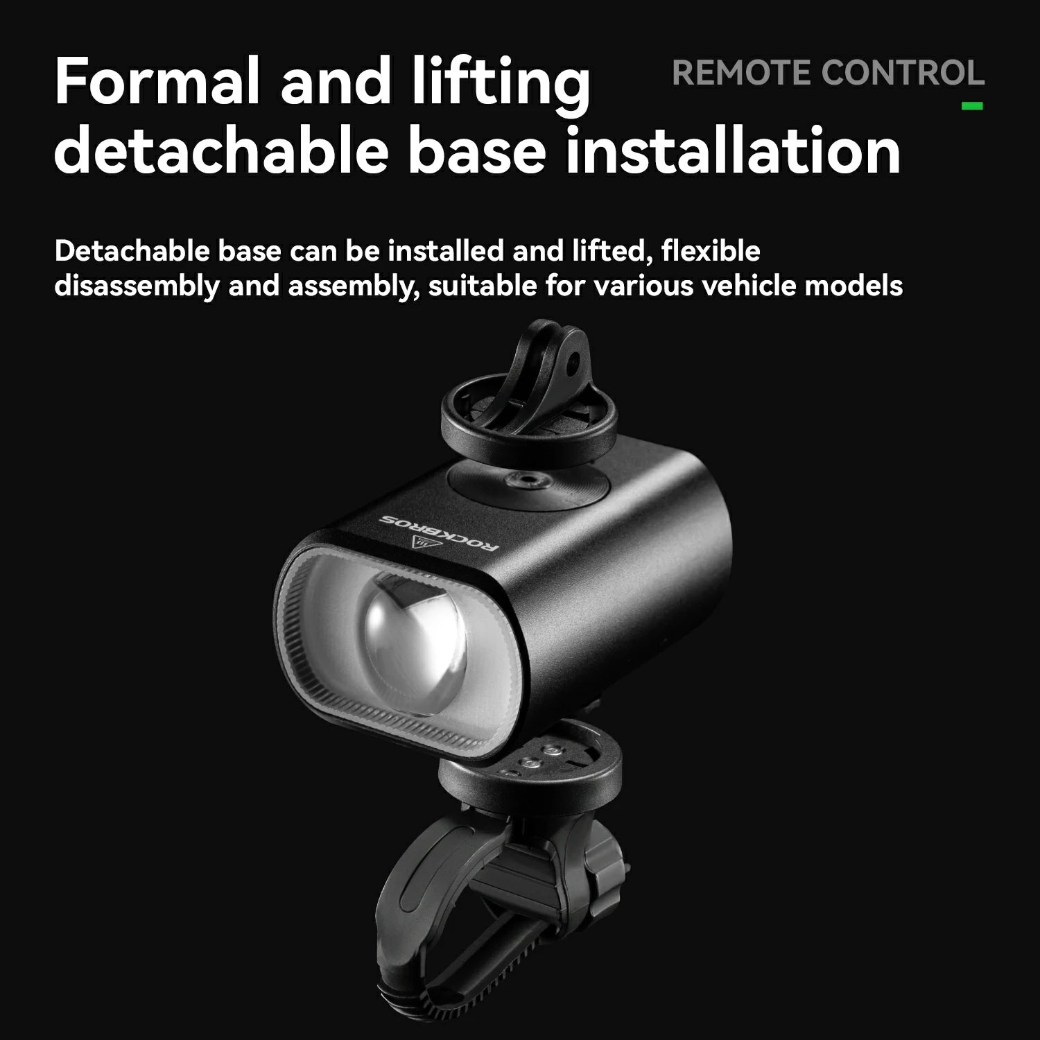 A black bicycle headlight with a detachable mounting base and remote control, shown on a black background with promotional text about remote control and detachable base installation.
