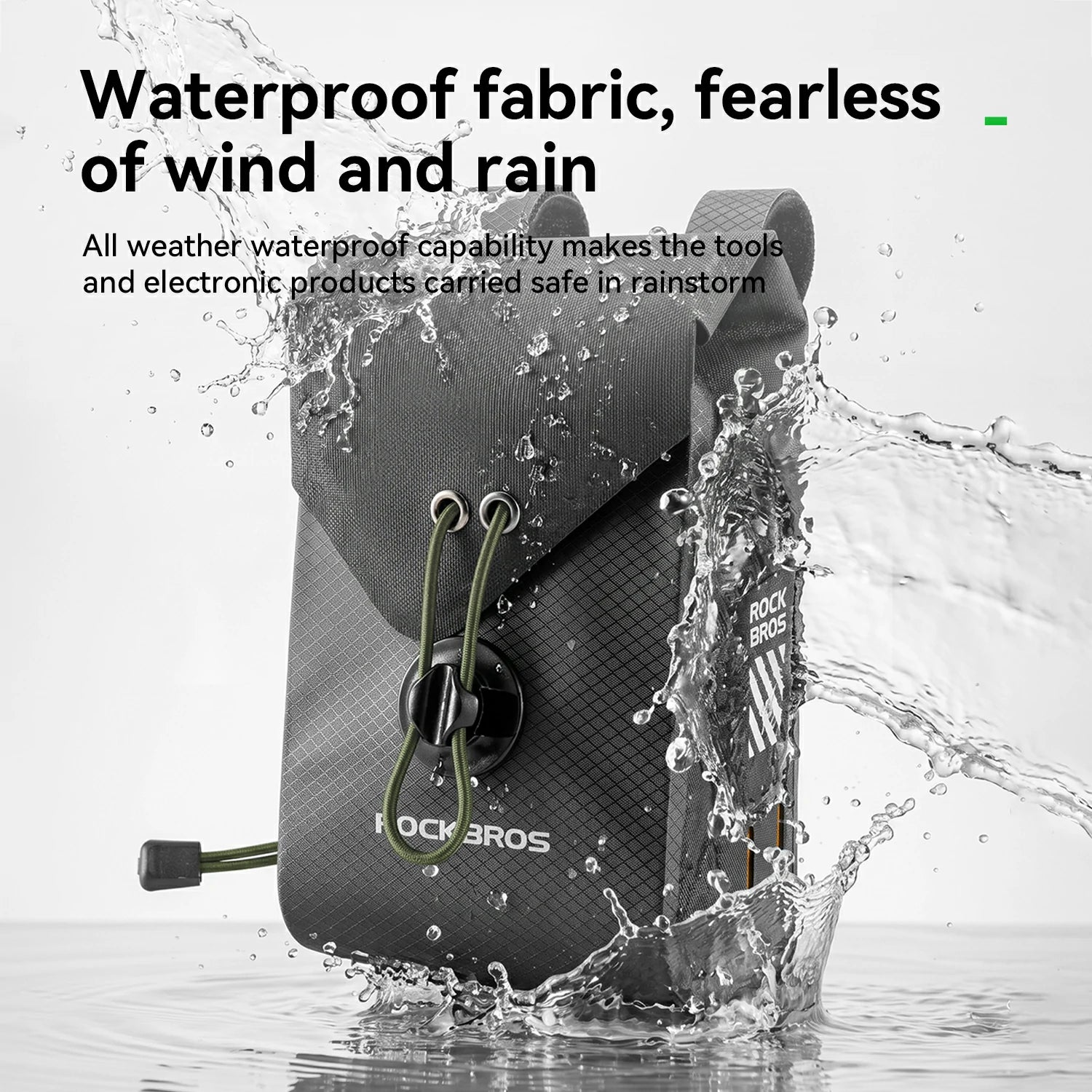 A black waterproof backpack by Lockbros shown partially submerged in water with a splash, alongside marketing text about waterproof fabric and wind/rain resistance.
