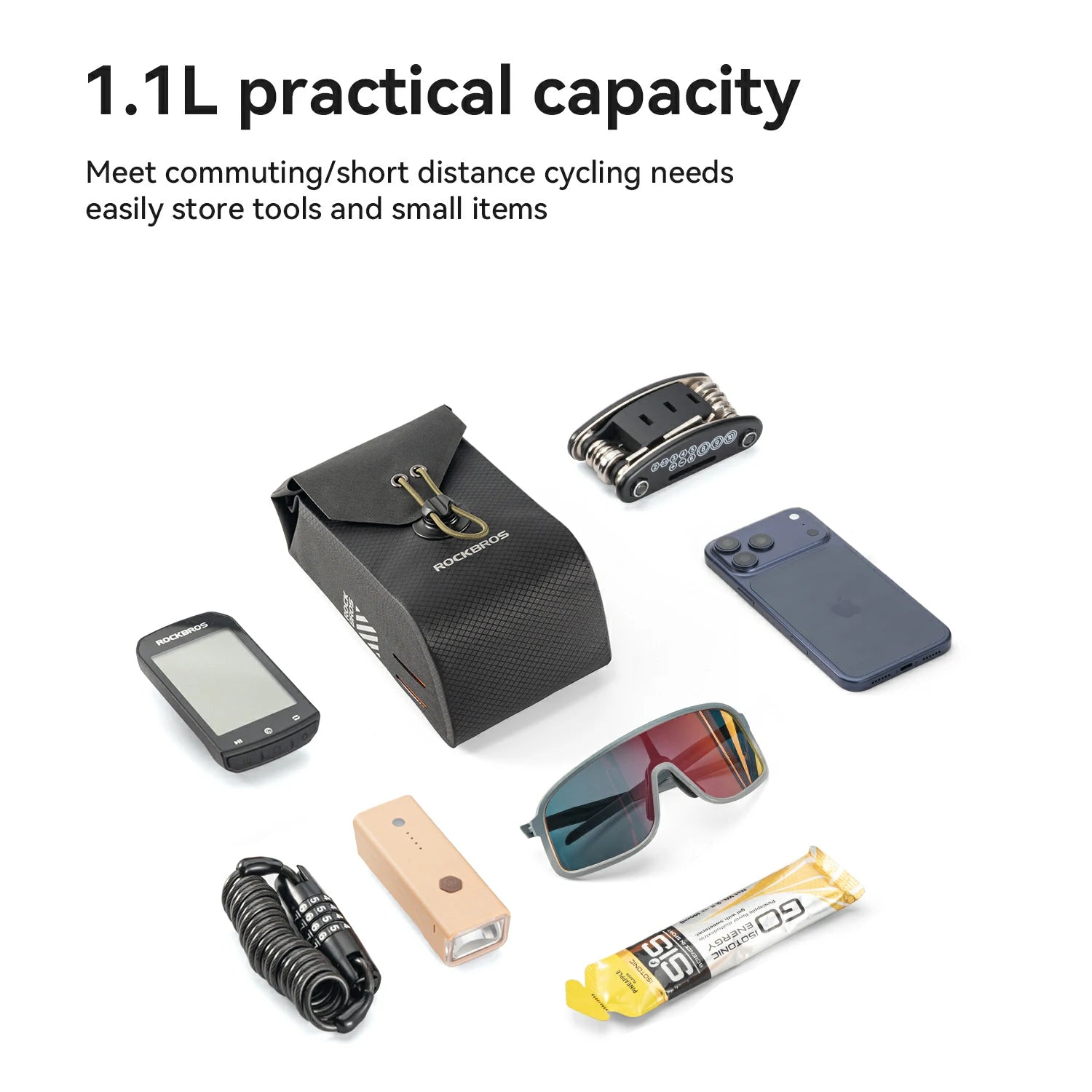 A set of cycling accessories arranged on a white background with the text '1.1L practical capacity' at the top.