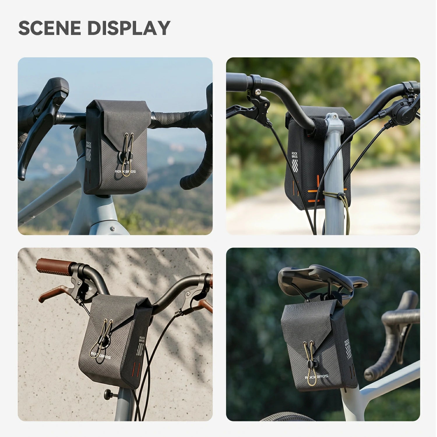 A four-panel collage showing a dark gray bicycle handlebar bag mounted on different bicycles in outdoor settings. The top-left panel has the text 'SCENE DISPLAY' above the panels.