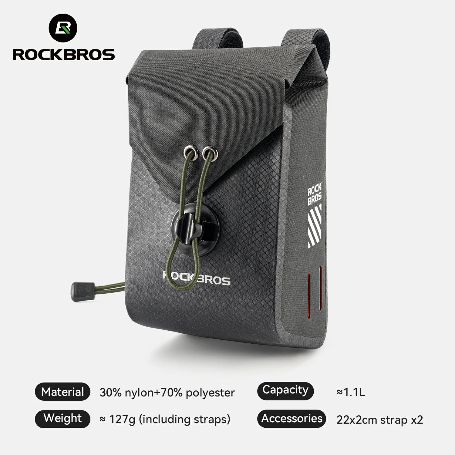 A dark gray Rockbros backpack-style bottle carrier with a flap closure, drawstring detail, and visible Rockbros branding, shown on a light gray background with product specs listed below.