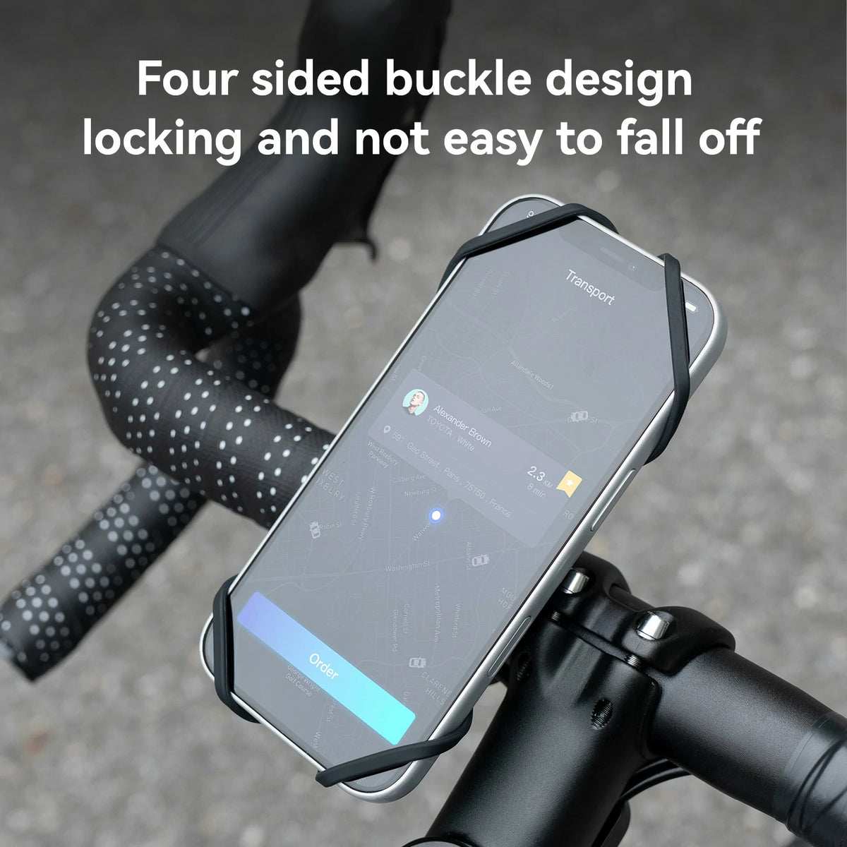 A smartphone mounted in a black bike handlebar phone holder, attached to the handlebars. White text at the top reads 'Four sided buckle design locking and not easy to fall off'.