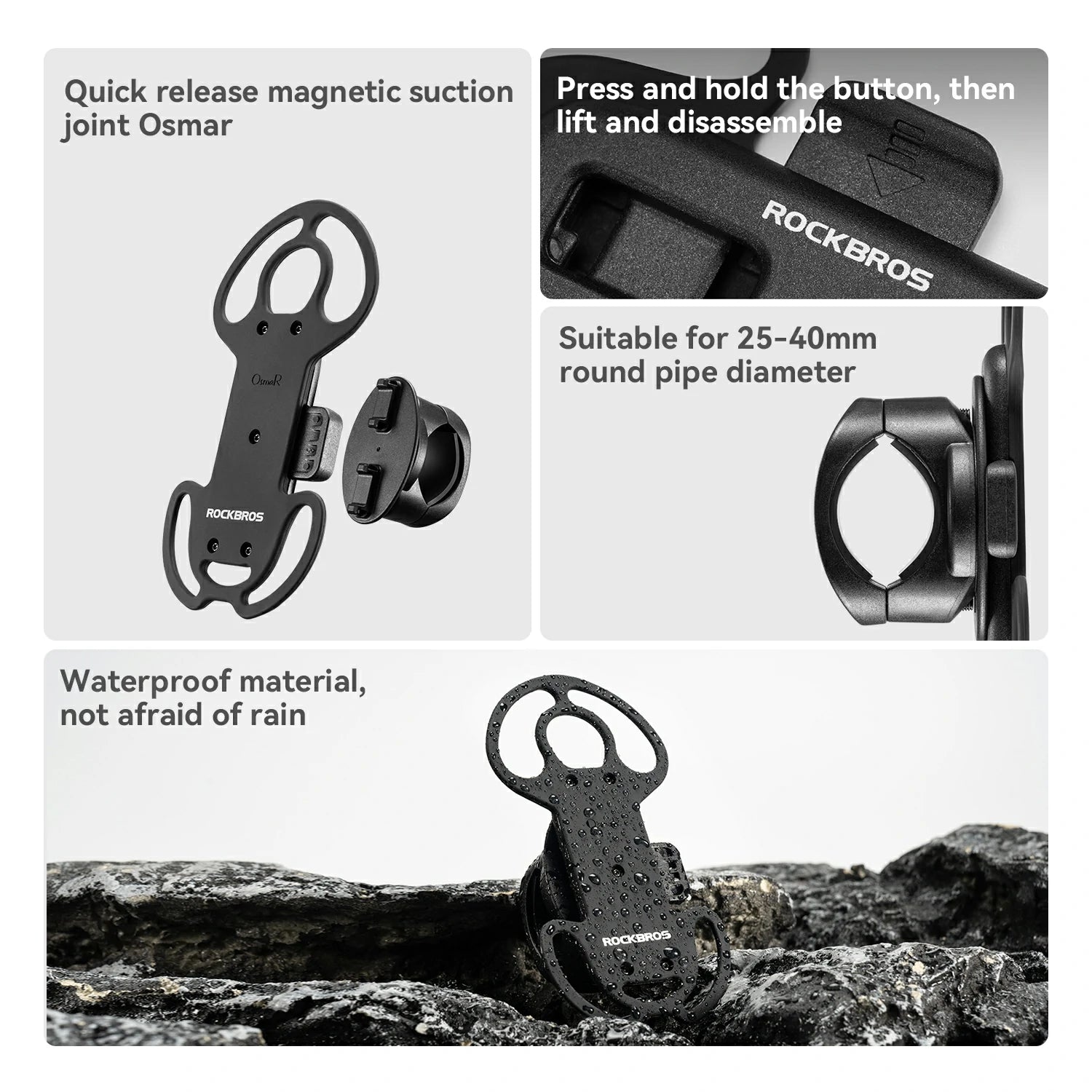 Three-panel product feature graphic for a ROCKBROS magnetic suction joint. The top-left panel shows the black clamp-like product with a release button and text about quick release magnetic suction joint Osmar.