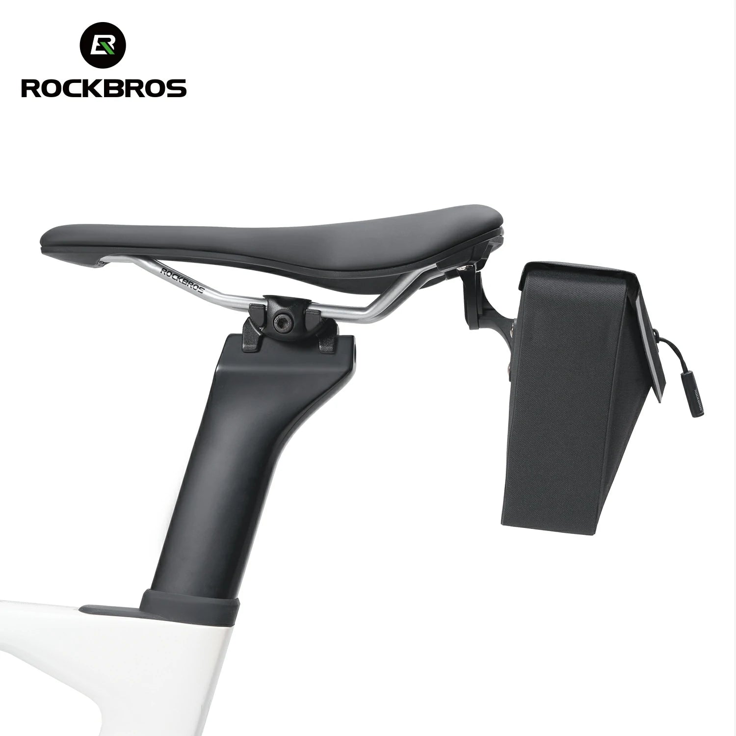 Bicycle seat with a black cover and RockBros logo on a white background #Color_Black