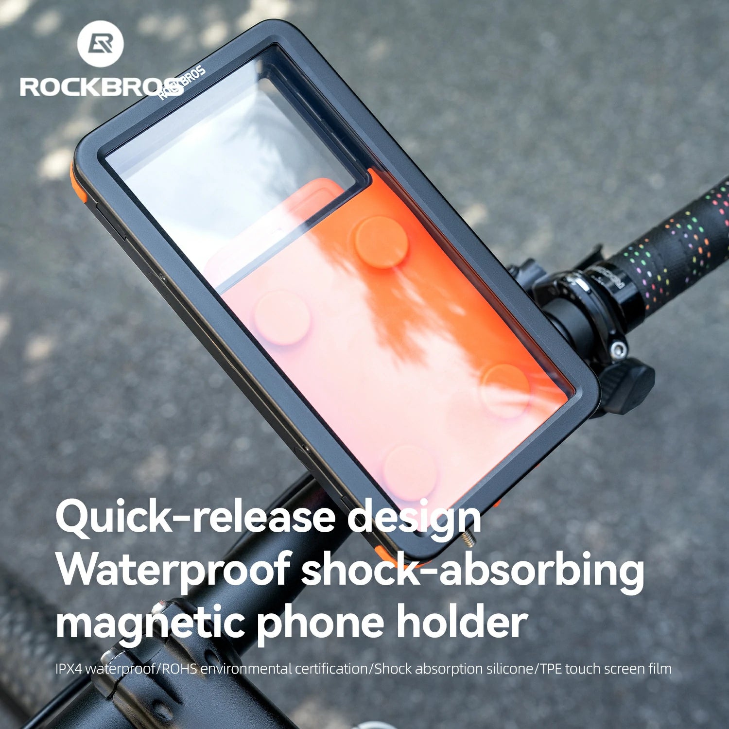 Bicycle handlebar with a magnetic phone holder and quick-release design, featuring ROCKBROS branding.