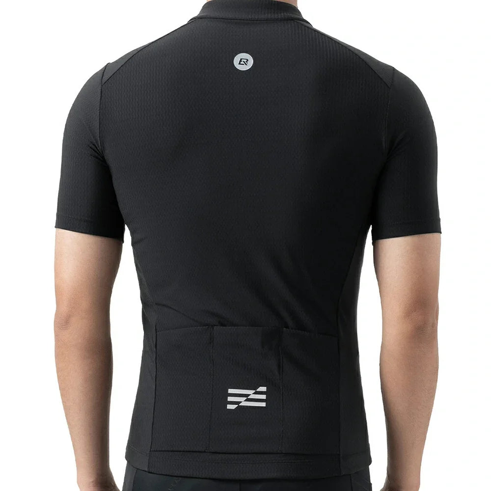 Rear view of a black short-sleeve cycling jersey worn by a model, featuring a small circular logo on the upper back and a white striped logo on the lower back pocket. #Color_Black