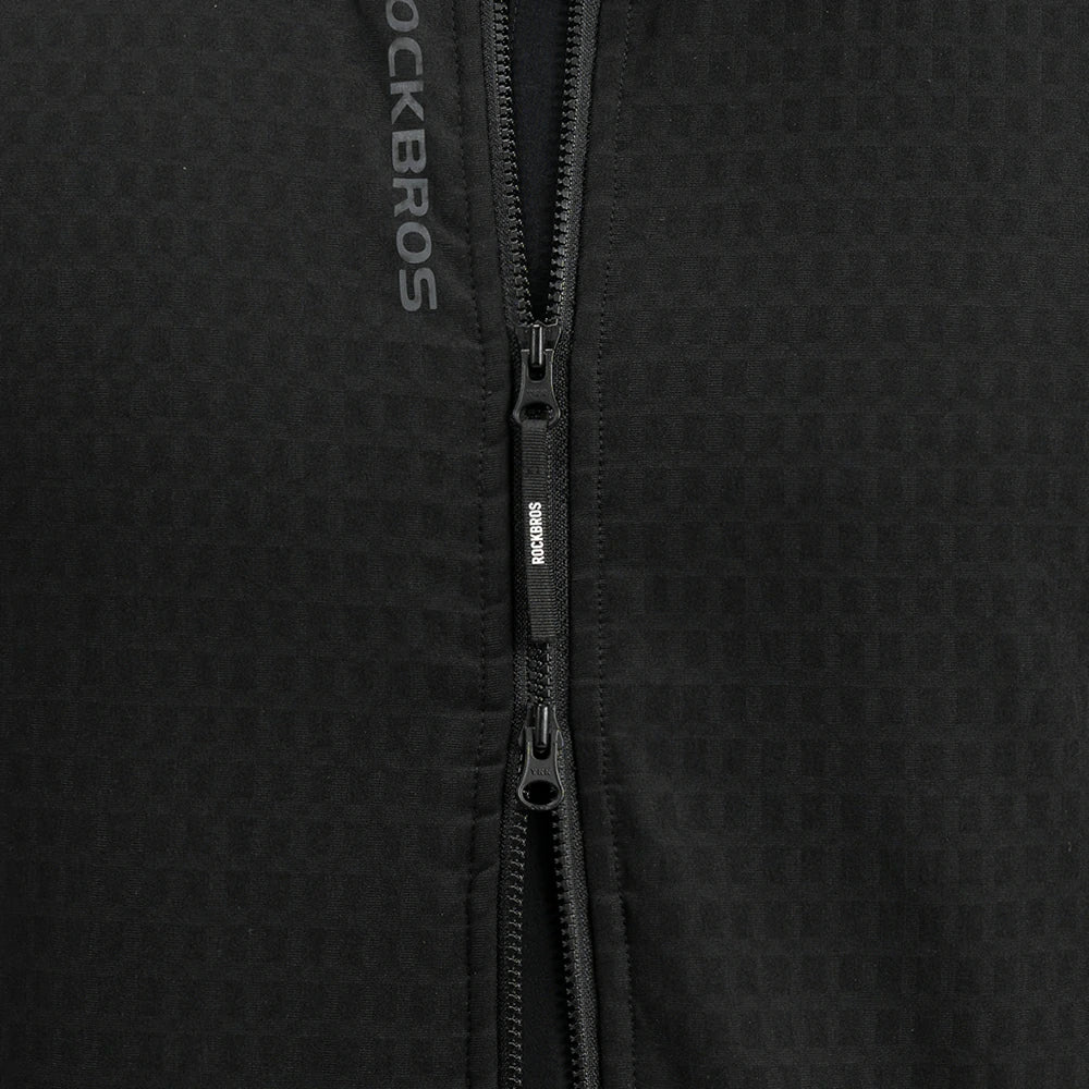 Close-up of a black zippered jacket with a subtle repeating pattern, featuring the brand name 'ROCKBROS' printed vertically on the left side.