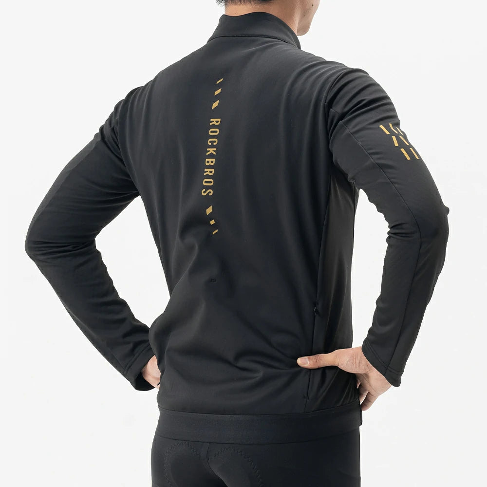 A man wearing a black long-sleeve athletic quarter-zip jacket, shown from the back. The jacket features gold vertical 'ROCKBROS' branding on the upper back and gold sleeve graphics, photographed against a clean white studio background.
