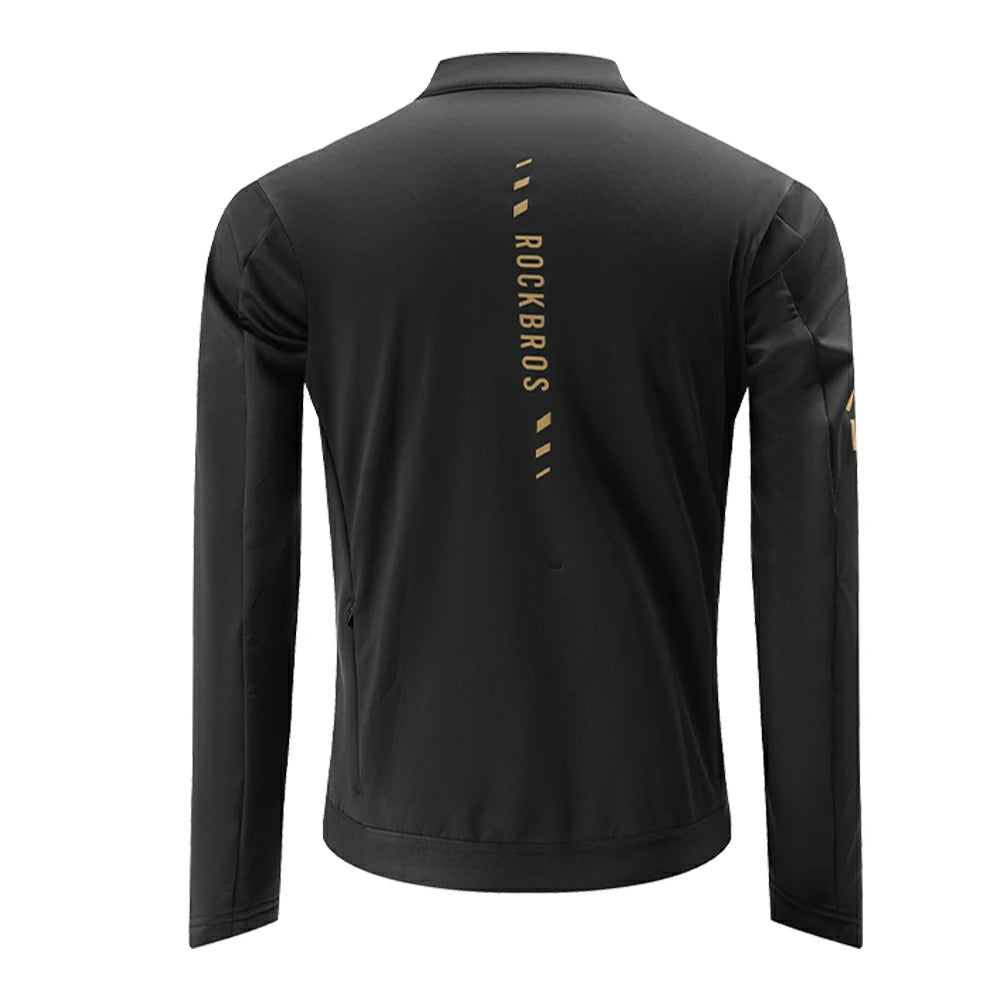 Black long-sleeve athletic jacket shown from the back, featuring vertical gold 'ROCKBROS' lettering and small gold graphic accents on the back and left sleeve, set against a plain white background.