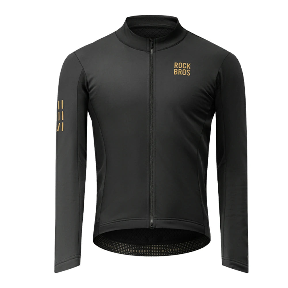 A black long-sleeve cycling jersey with a full front zipper, a high collar, and gold branding. The brand 'ROCK BROS' is printed in gold on the left chest, and three vertical gold stripes are printed on the right sleeve.