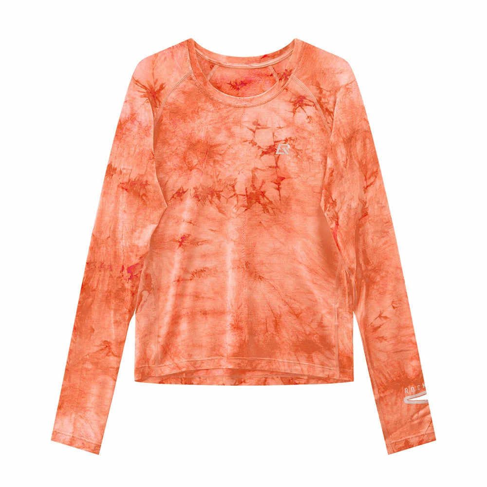 A long-sleeve crewneck shirt in a vibrant orange and red tie-dye pattern, displayed flat against a solid white background. #Color_Orange