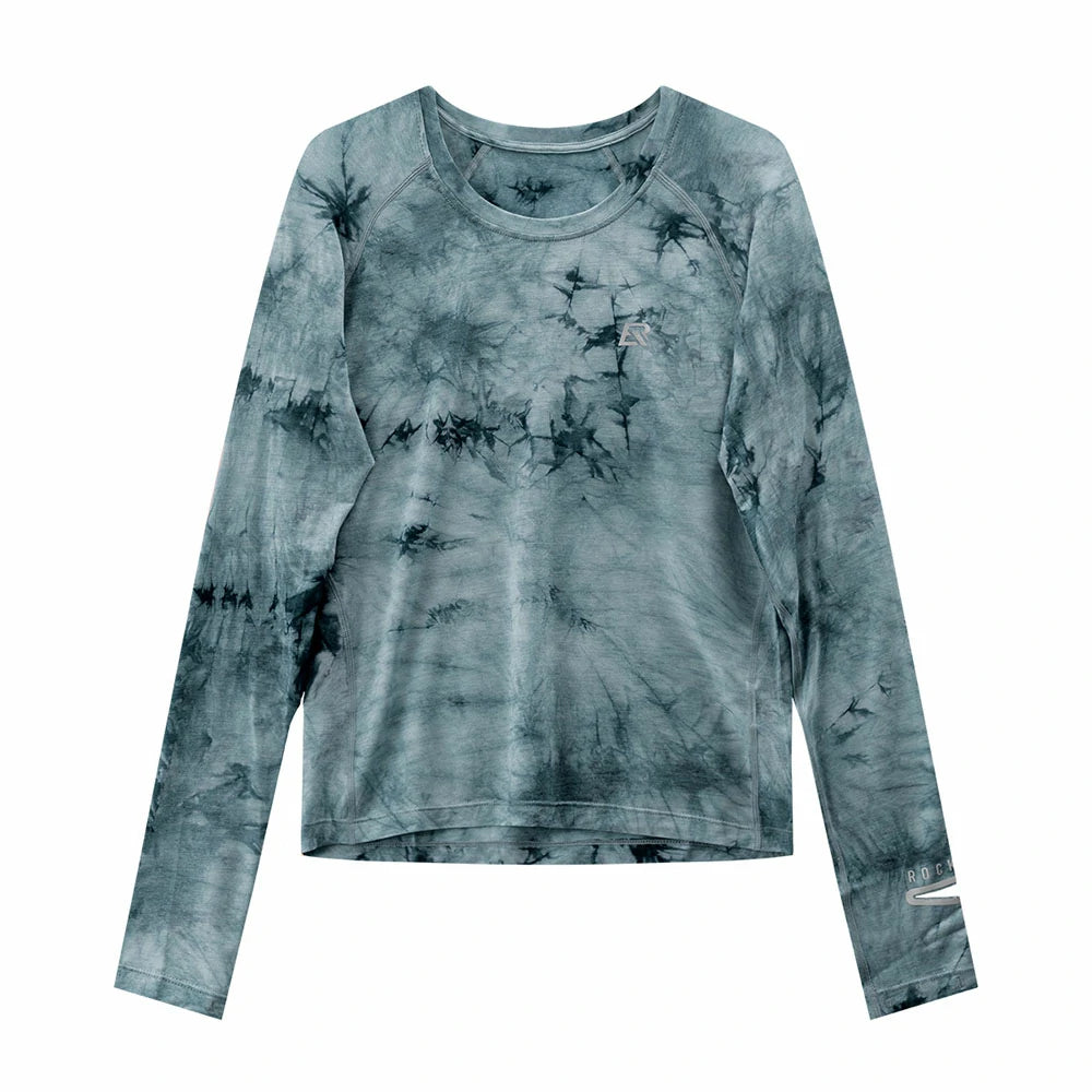 A long-sleeve crewneck shirt with a slate blue and gray tie-dye pattern, shown flat against a solid white background. #Color_Gray