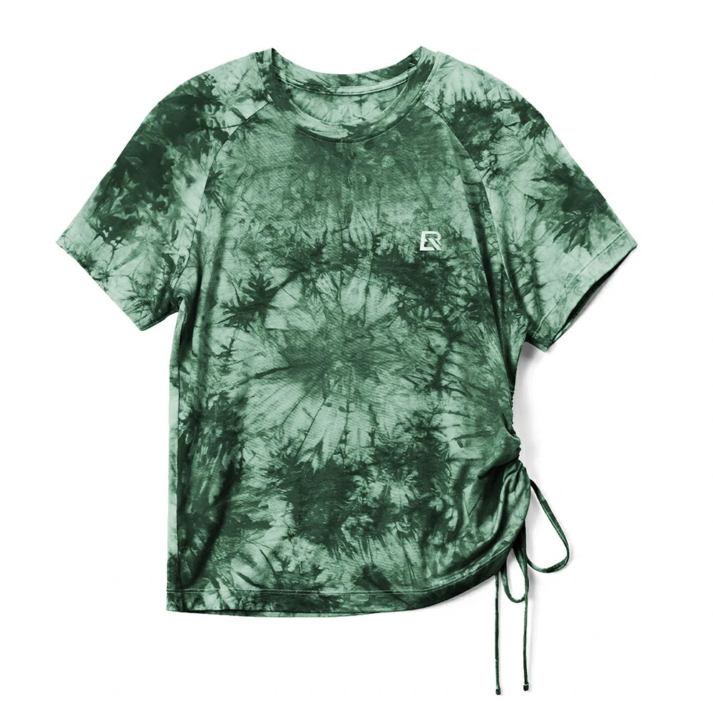 A green tie-dye short-sleeve t-shirt with a side drawstring and a small white embroidered letter 'R' on the chest, displayed flat against a white background. #Color_Dark Green(Women)