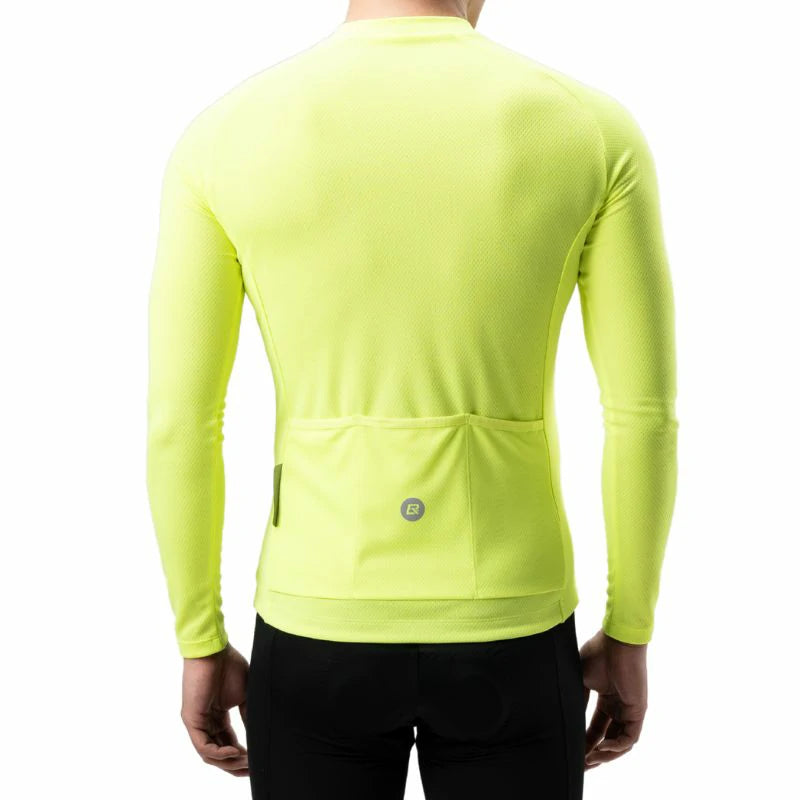 A man viewed from the back wearing a bright neon yellow long-sleeve cycling jersey with a large rear saddle bag pocket and a small circular logo patch, paired with black cycling shorts against a plain white background. #Color_Yellow