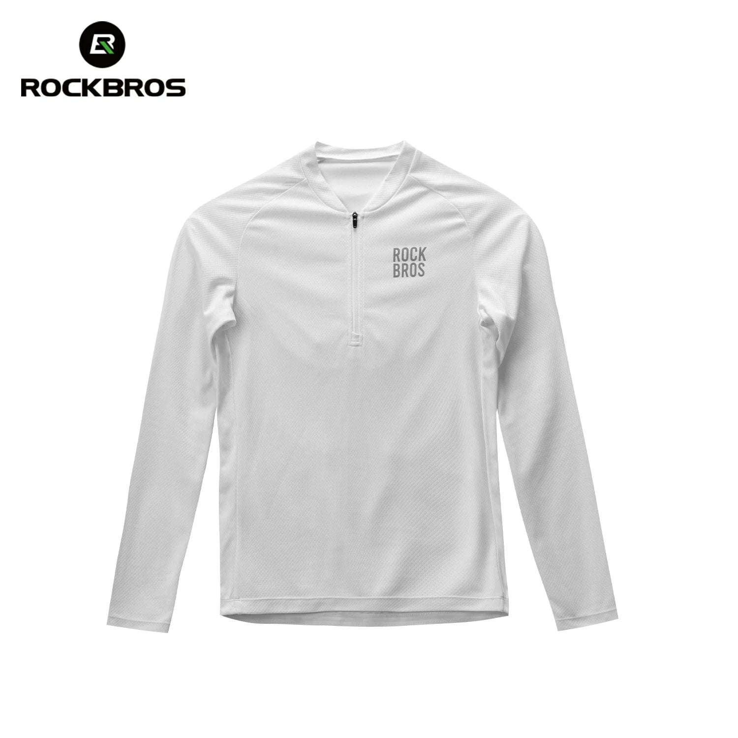 A white long-sleeve quarter-zip athletic top by Rockbros, featuring a small black logo on the left chest, displayed on a clean white background with the brand logo in the top-left corner. #Color_White