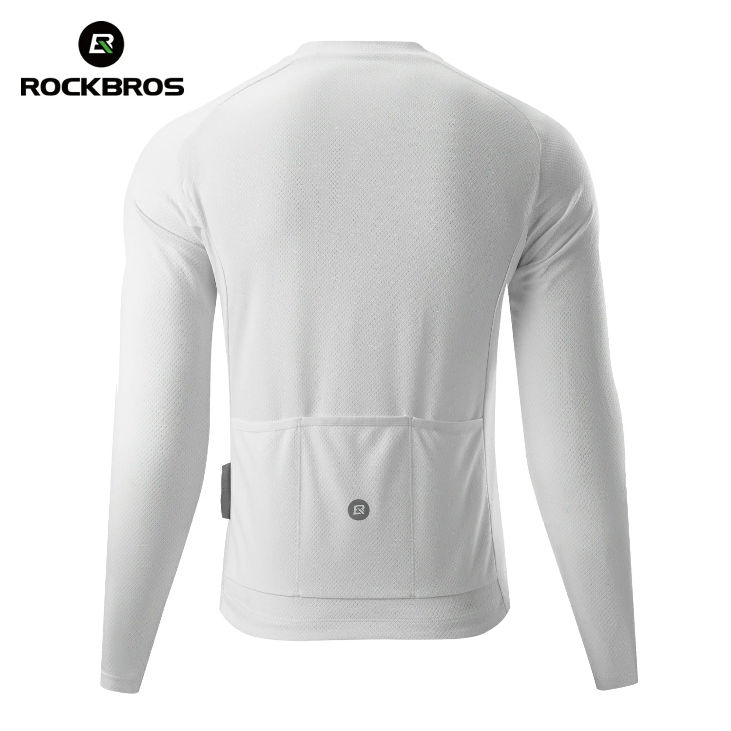 White long-sleeve shirt with a pocket on a white background, featuring the RockBros brand. #Color_White