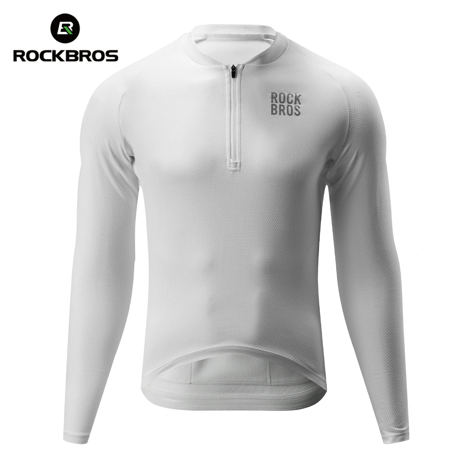 White long-sleeve athletic shirt with 'RockBros' branding on a white background #Color_White