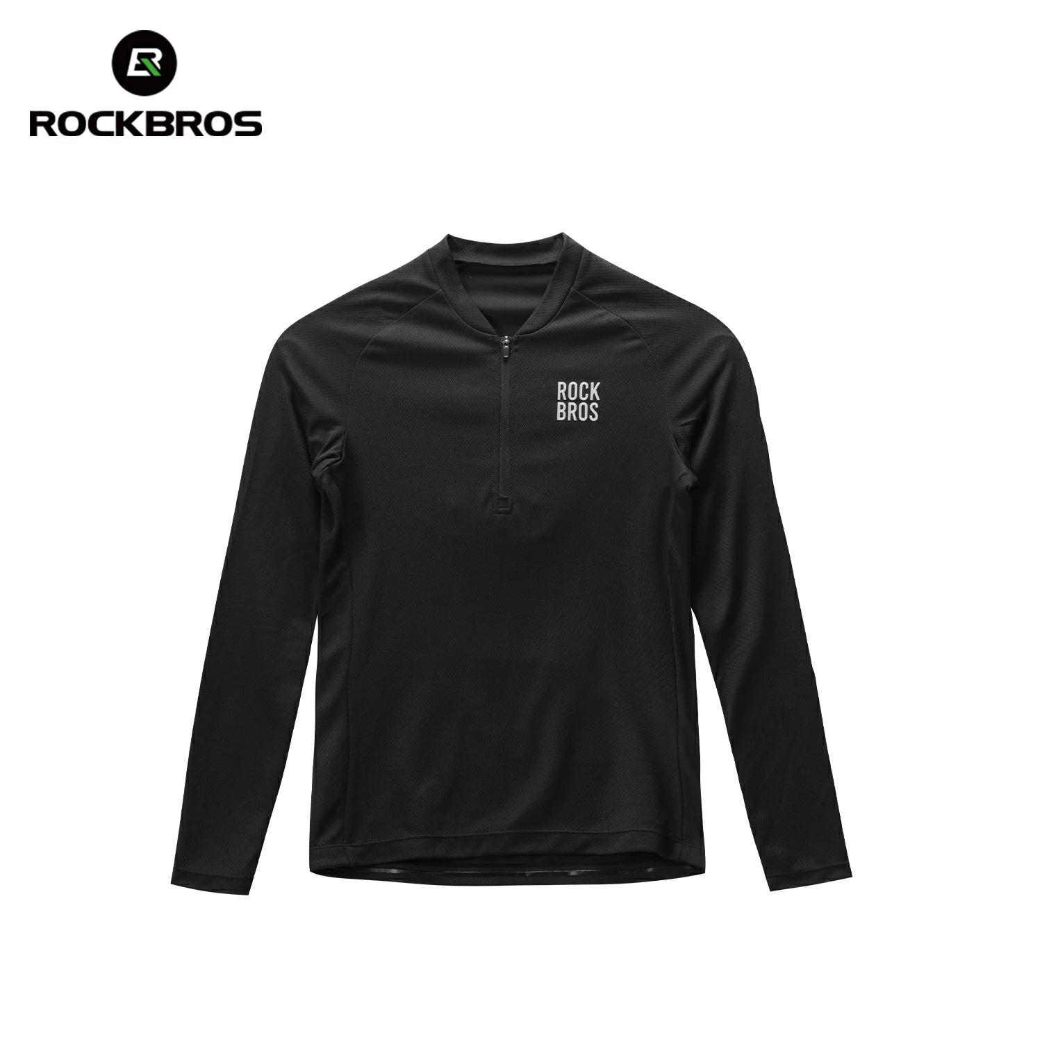 A black long-sleeve quarter-zip athletic top by Rockbros, featuring a small white 'ROCKBROS' logo on the left chest, displayed on a clean white background with the brand logo in the top-left corner. #Color_Black