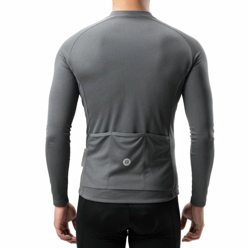 A man viewed from the back wearing a dark gray long-sleeve athletic jersey with a rear cargo pocket and black cycling shorts against a white background. #Color_Gray