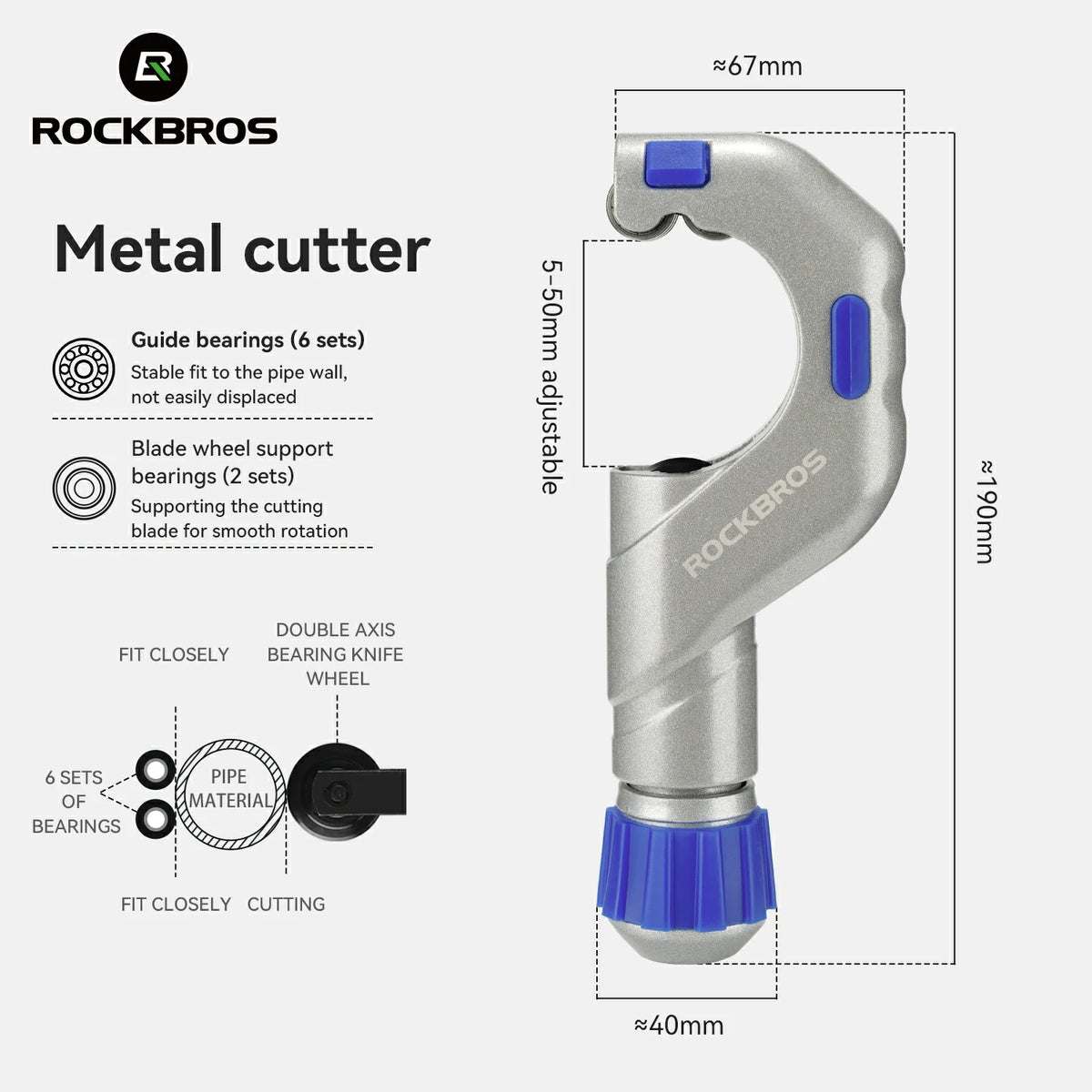 Rockbros metal cutter with dimensions and feature callouts on a white background, showing the silver and blue tool with guide bearings and blade wheel support details.