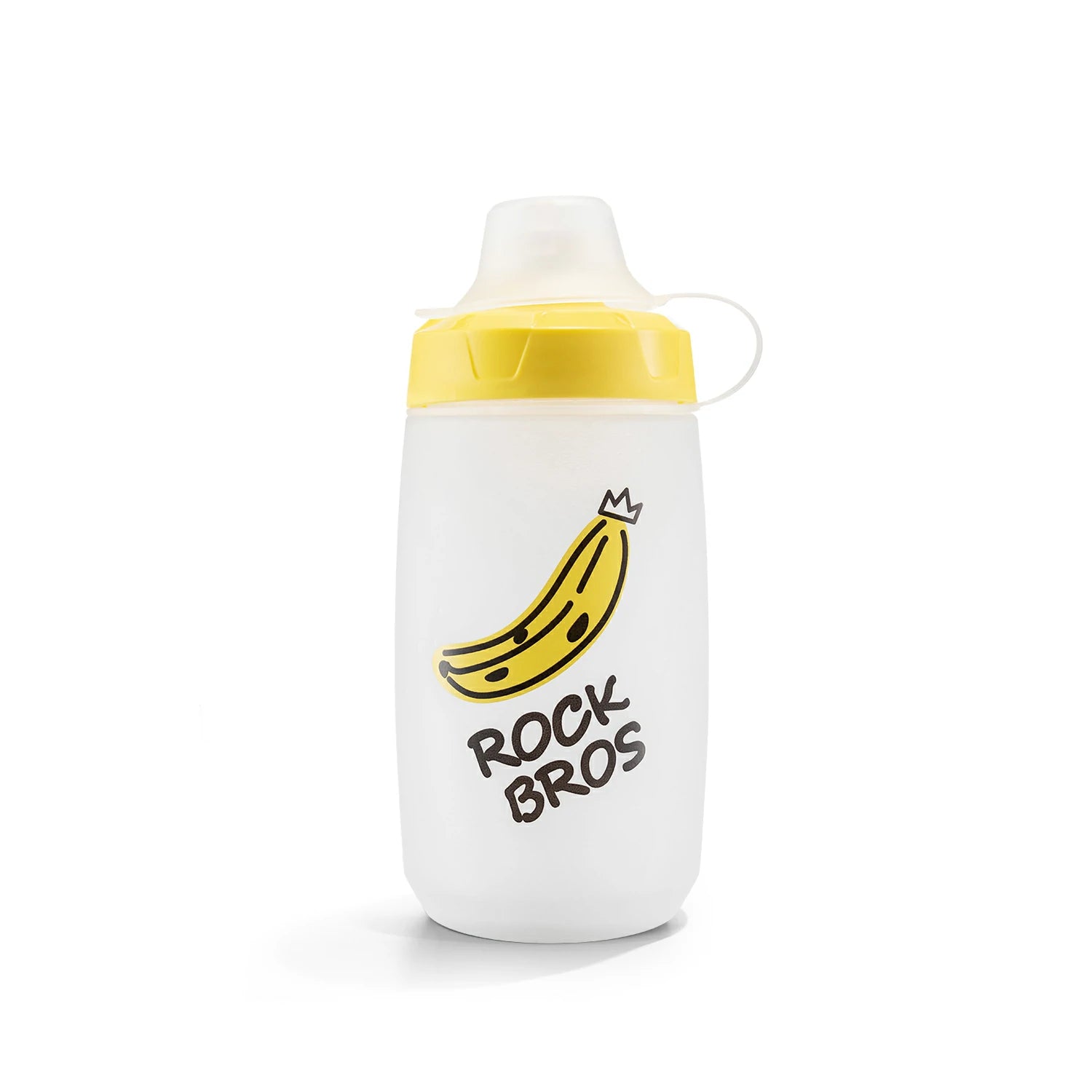 White sippy cup with yellow lid and banana graphic, featuring 'Rock Bros' text on a white background. #Color_Banana