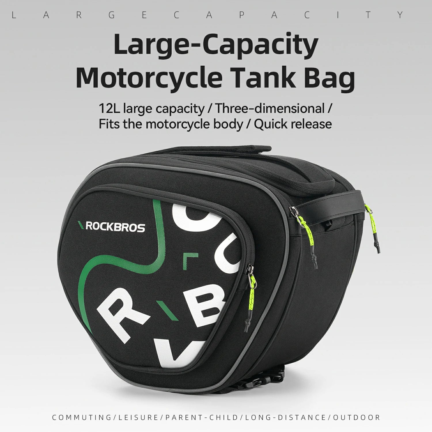 Black motorcycle tank bag with green and white design on a gray background