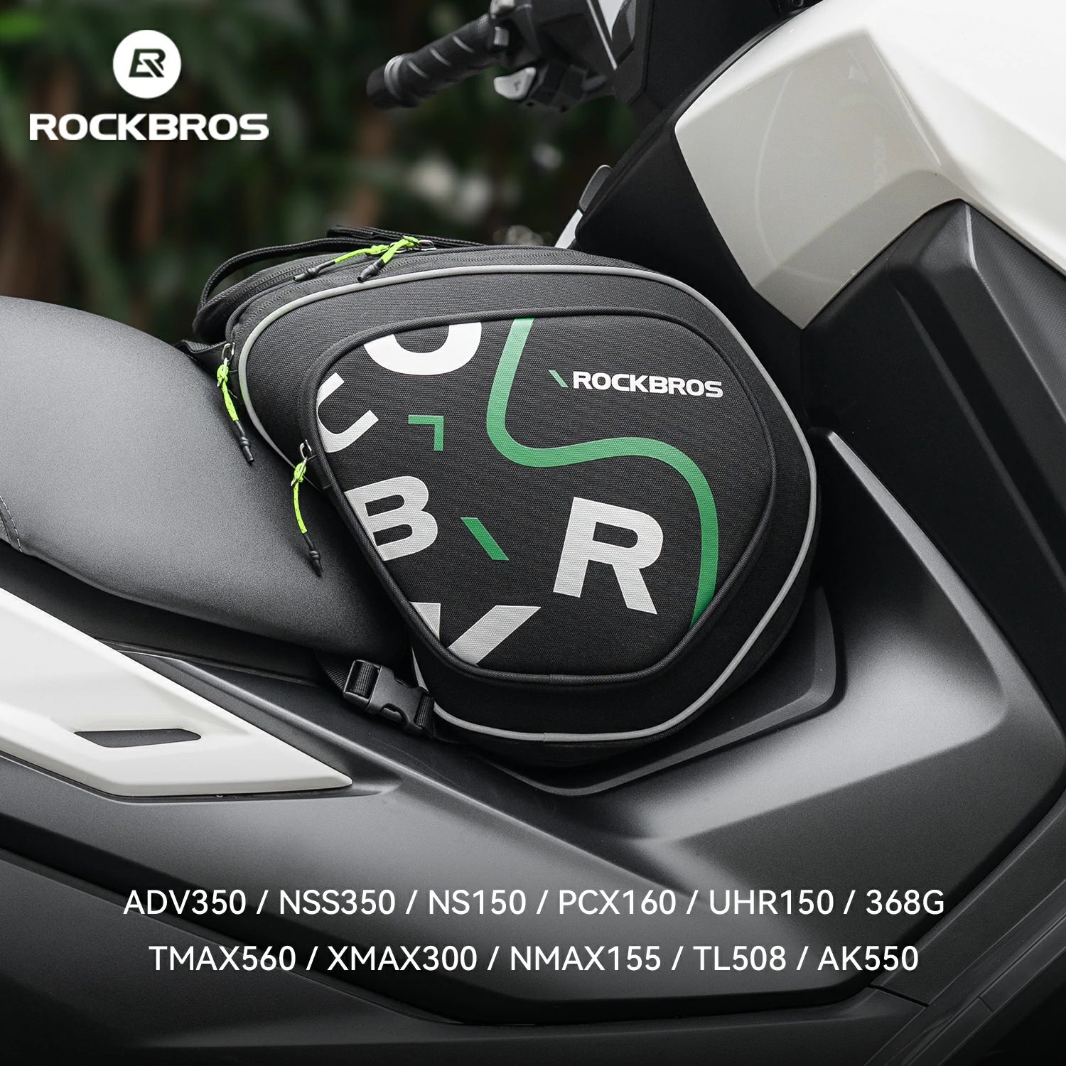 Motorcycle saddlebag with RockBros branding on a motorcycle, featuring the brand logo and product name.