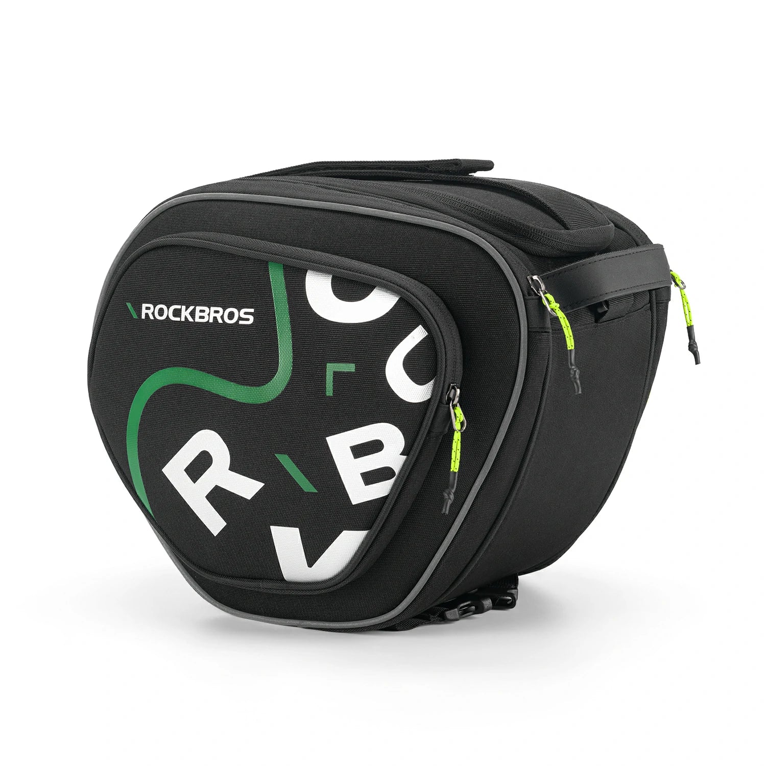 Black bag with green and white branding on a white background