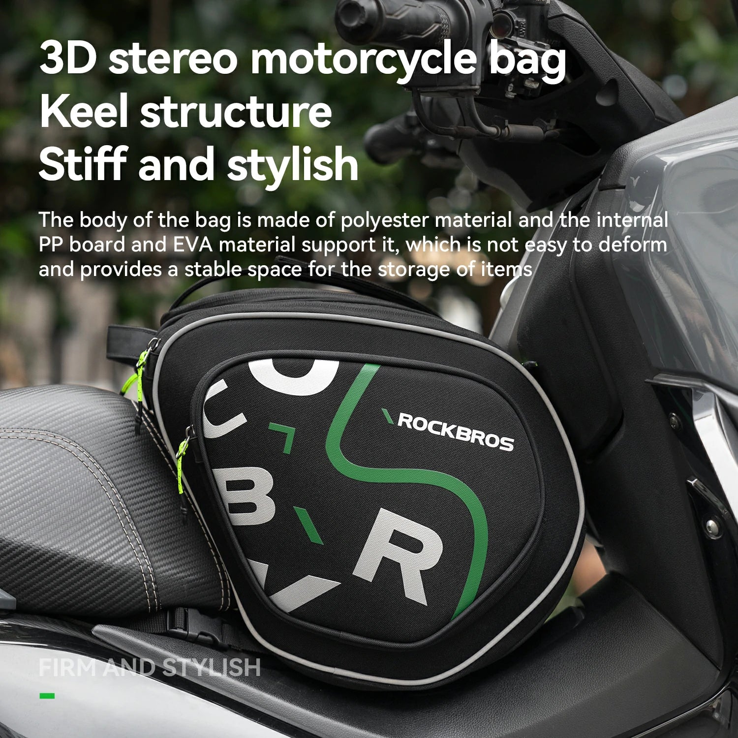 Motorcycle bag with 'Rockbros' branding attached to a motorcycle, featuring text about its features.