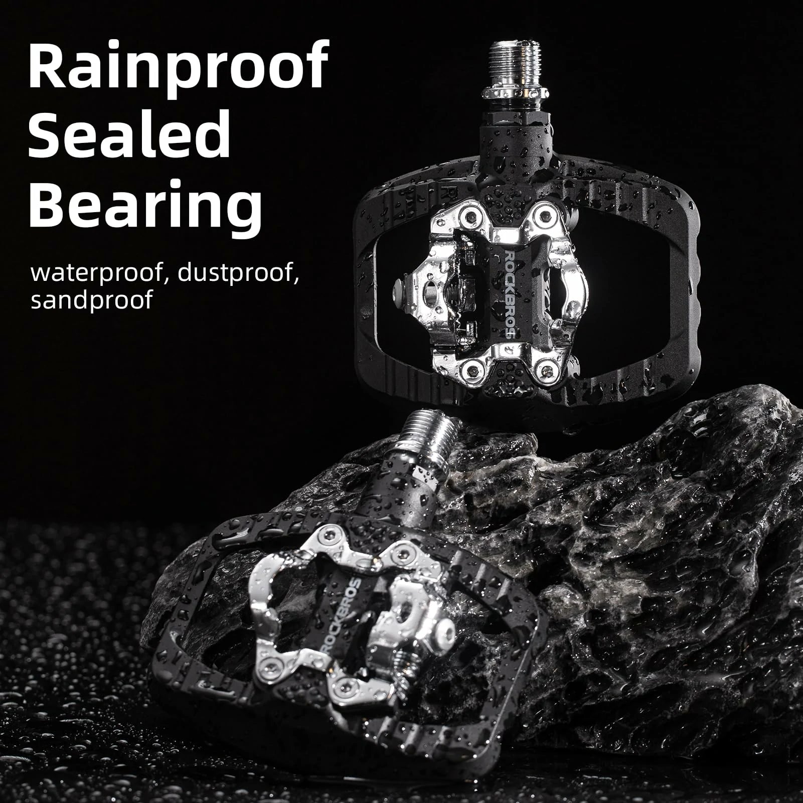 Rainproof sealed bearing with waterproof, dustproof, sandproof text on a black background