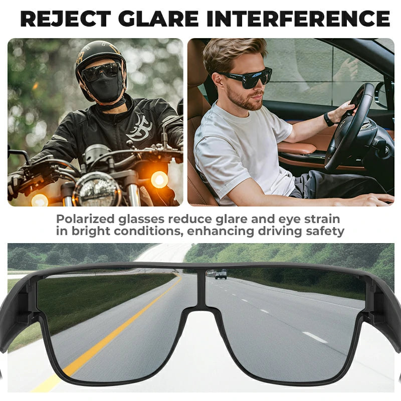 Polarized sunglasses with a black frame and dark gray lenses, shown in a composite marketing graphic. The top portion features lifestyle photos of a motorcyclist and a driver wearing the glasses, with text stating 'REJECT GLARE INTERFERENCE' and 'Polarized glasses reduce glare and eye strain in bright conditions, enhancing driving safety.
