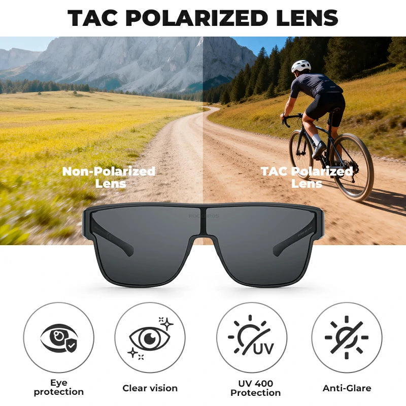 TAC polarized sunglasses shown with a split-screen comparison of non-polarized and polarized lens performance on outdoor mountain and dirt-road scenes. The product is displayed in the center, with four feature icons below: eye protection, clear vision, UV 400 protection, and anti-glare.