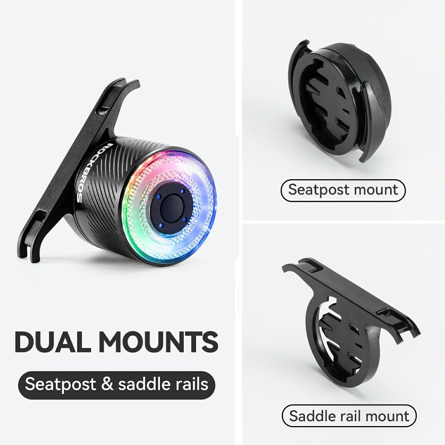 Bicycle light with dual mounts on a white background
