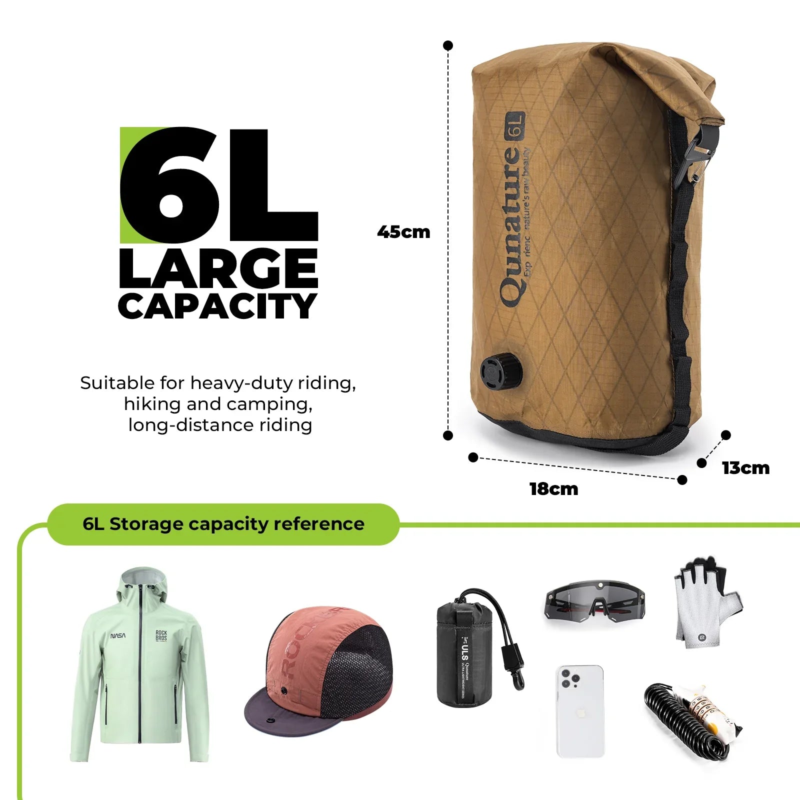 Brown bag with 'Qunature' branding, showing size and capacity details on a white background.