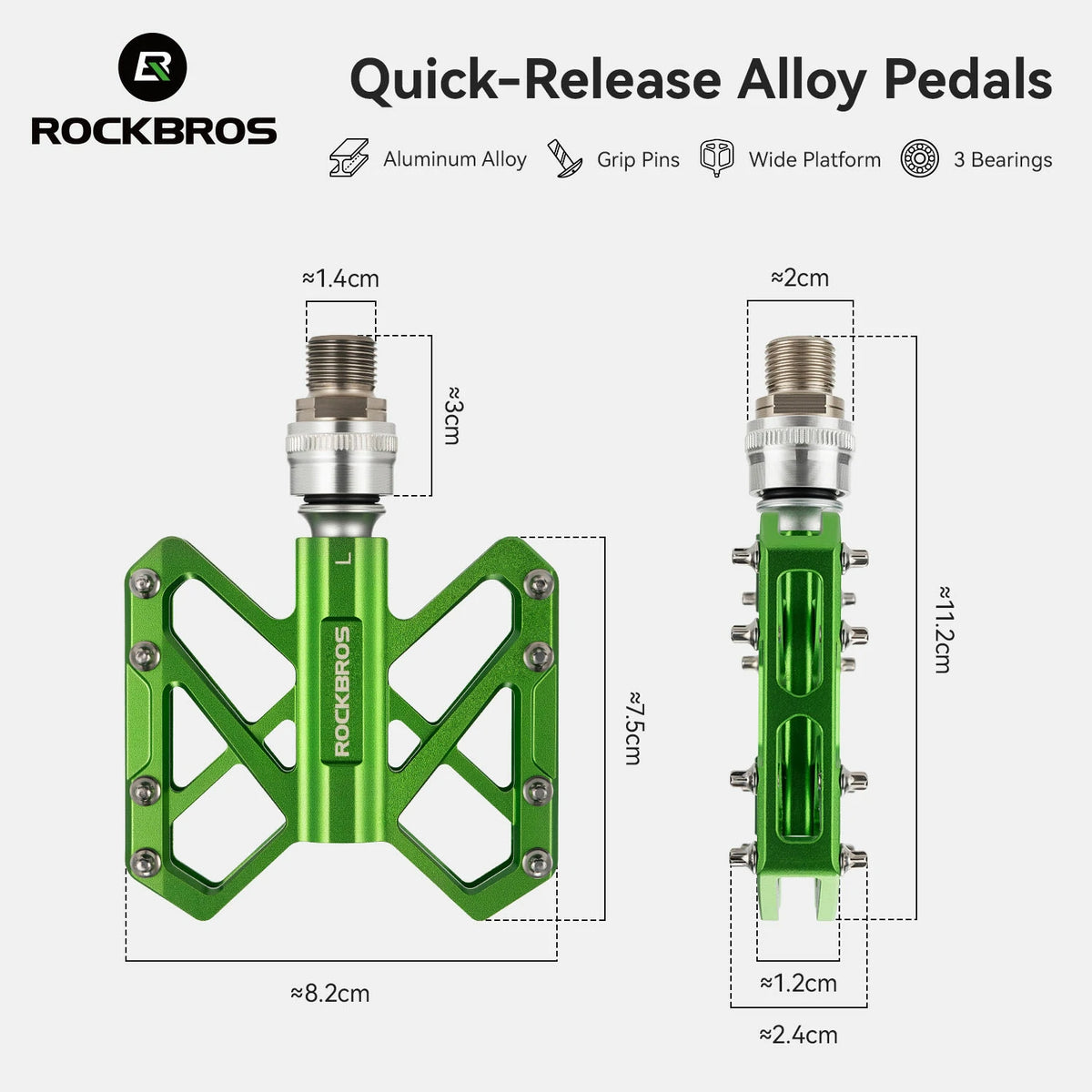 Rockbros green quick-release alloy bicycle pedals shown with dimension callouts and technical feature icons on a light gray background. #Color_Green
