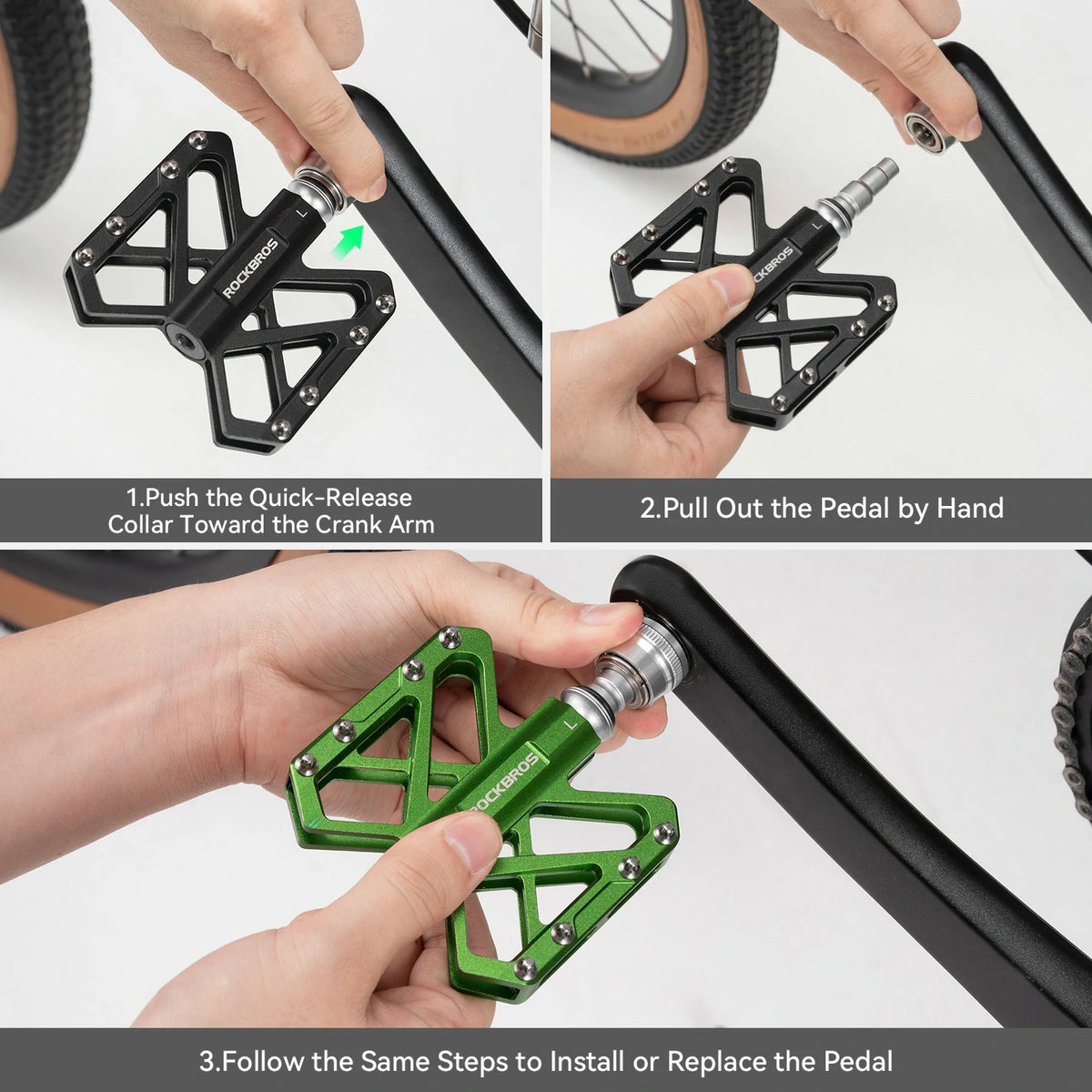Three-panel instructional graphic showing a bicycle quick-release pedal being removed and then installed. The top panels show hands using a black pedal with a silver quick-release collar, and the bottom panel shows a green pedal with the same mechanism.