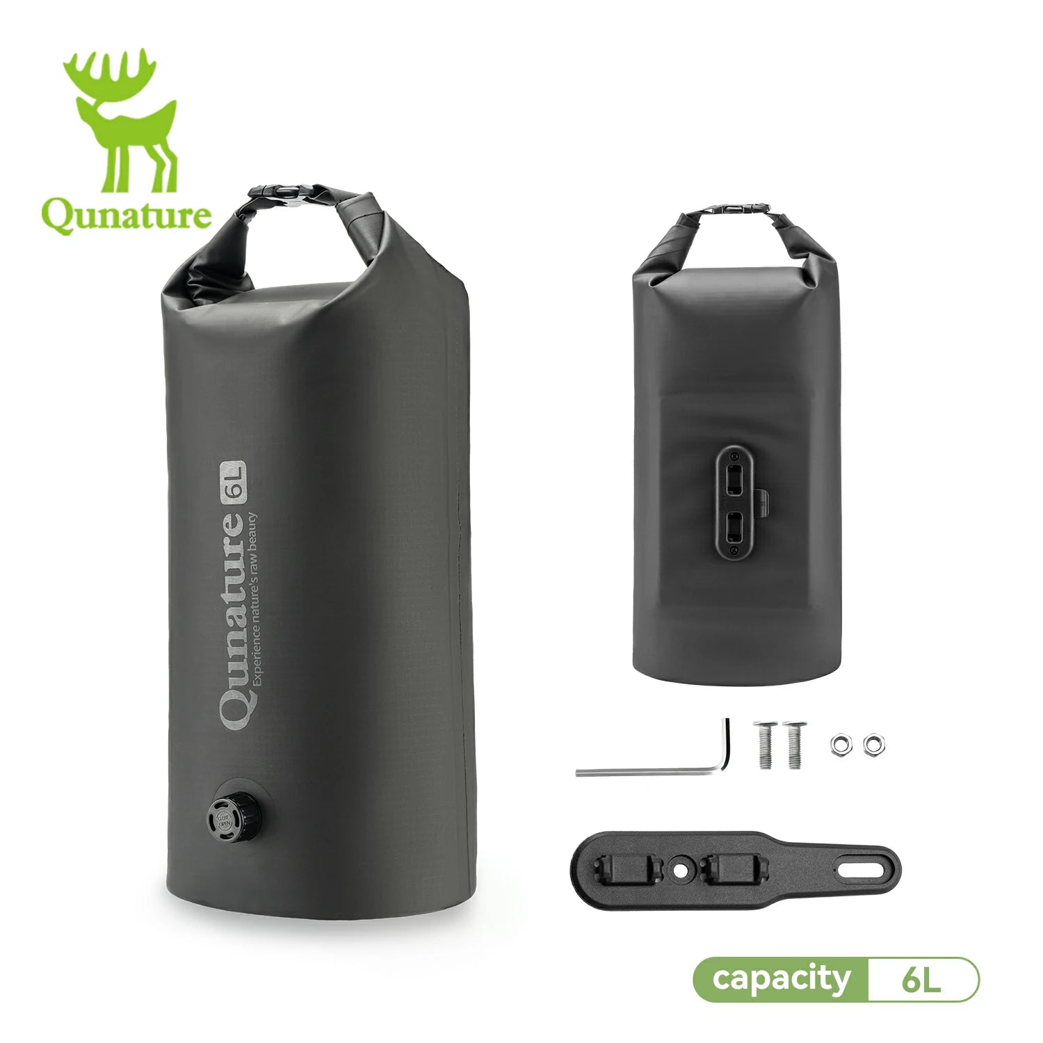 Black dry bag with accessories on a white background, featuring Qunature branding.