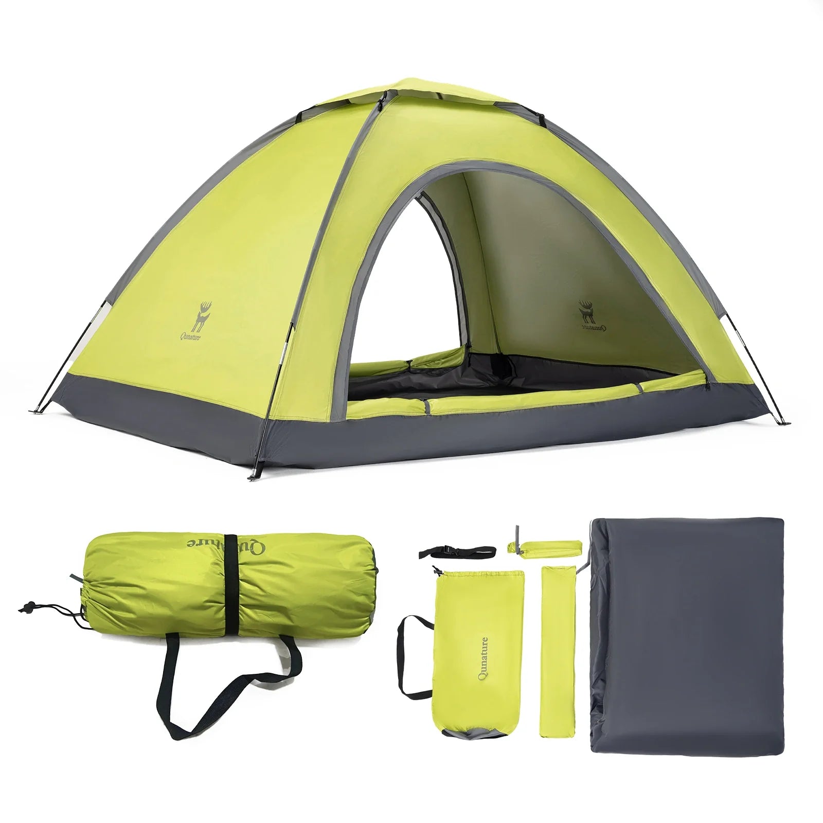 Green camping tent with many accessories