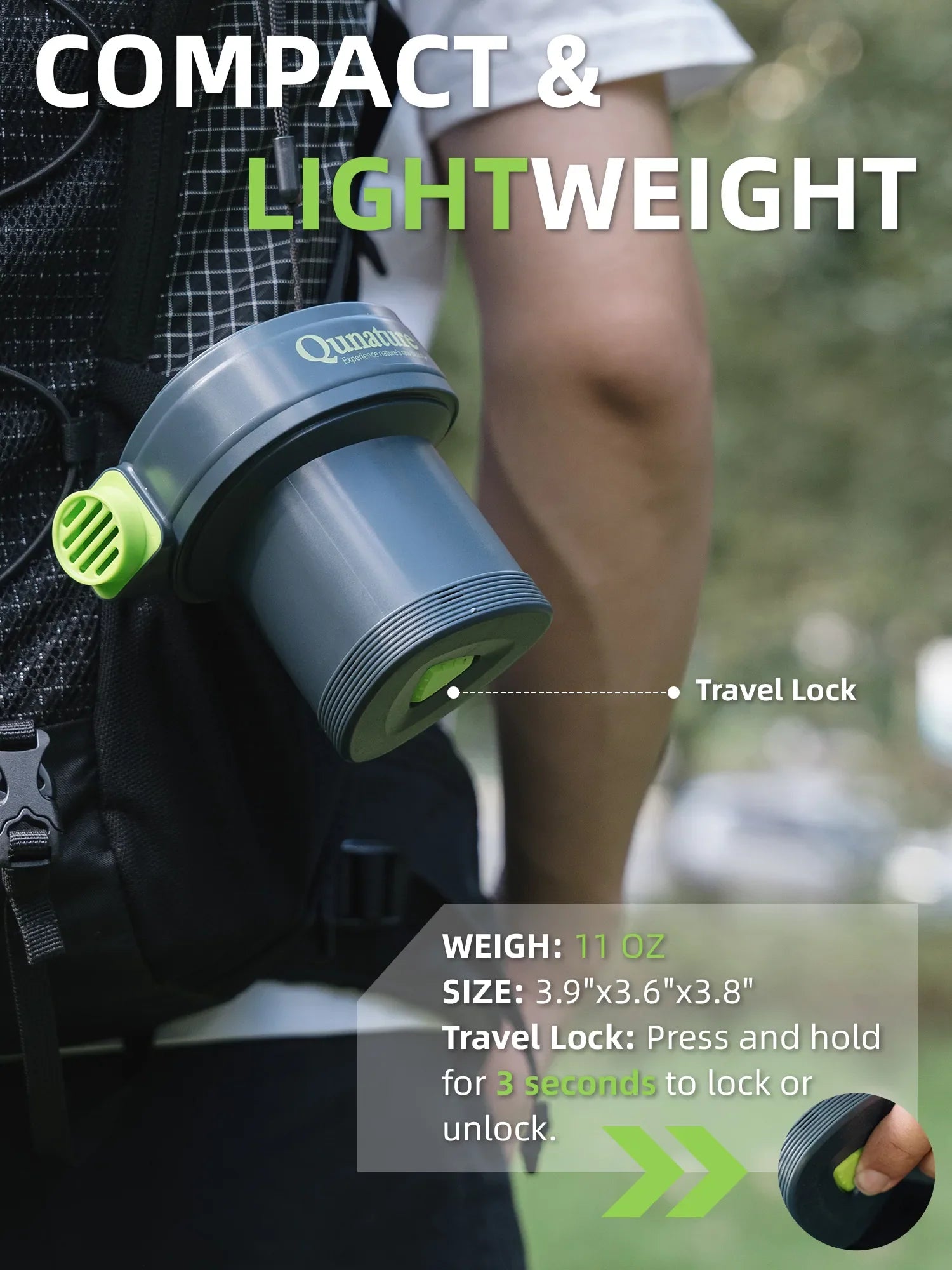 Compact and lightweight water bottle with travel lock feature, shown on a person outdoors.