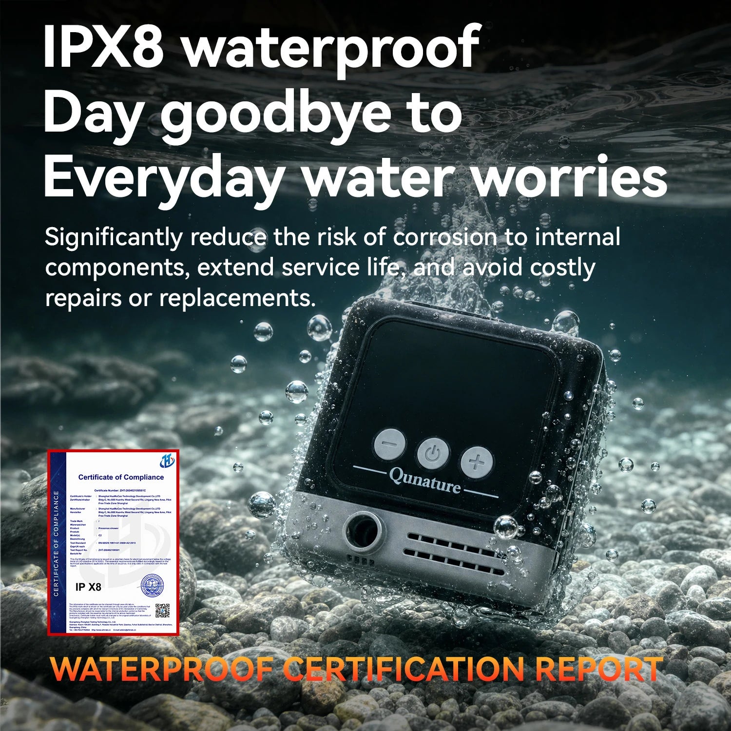 Product submerged in water with text highlighting IPX8 waterproof rating and benefits.