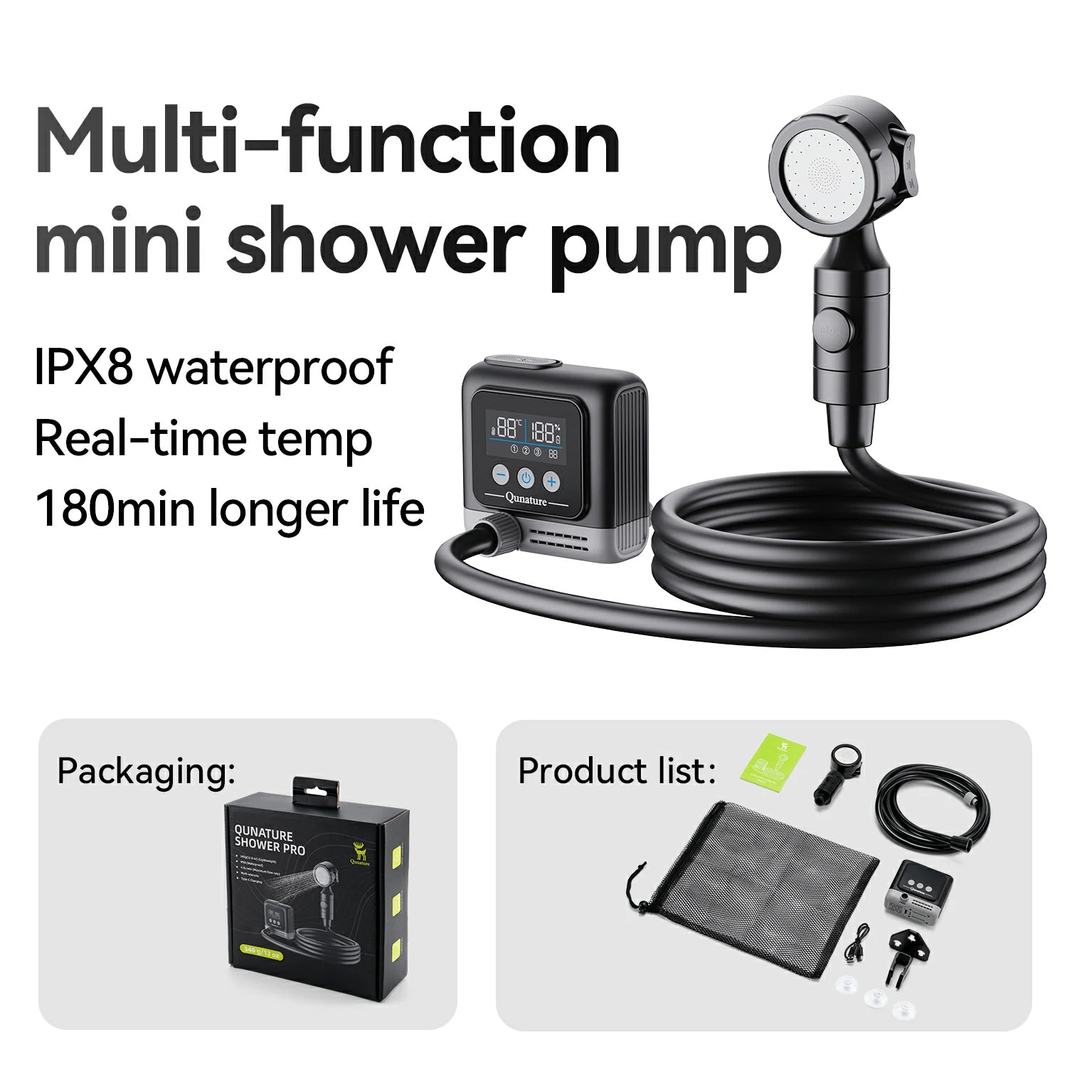 Black multi-function mini shower pump with a coiled hose, handheld wand head, digital control box, carrying pouch, and accessories shown on a white background with text describing features and packaging/product list.